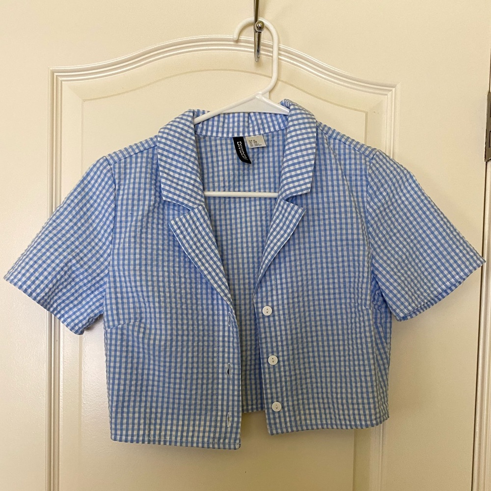 Light Blue and White Checkered Cropped Button Down Shirt